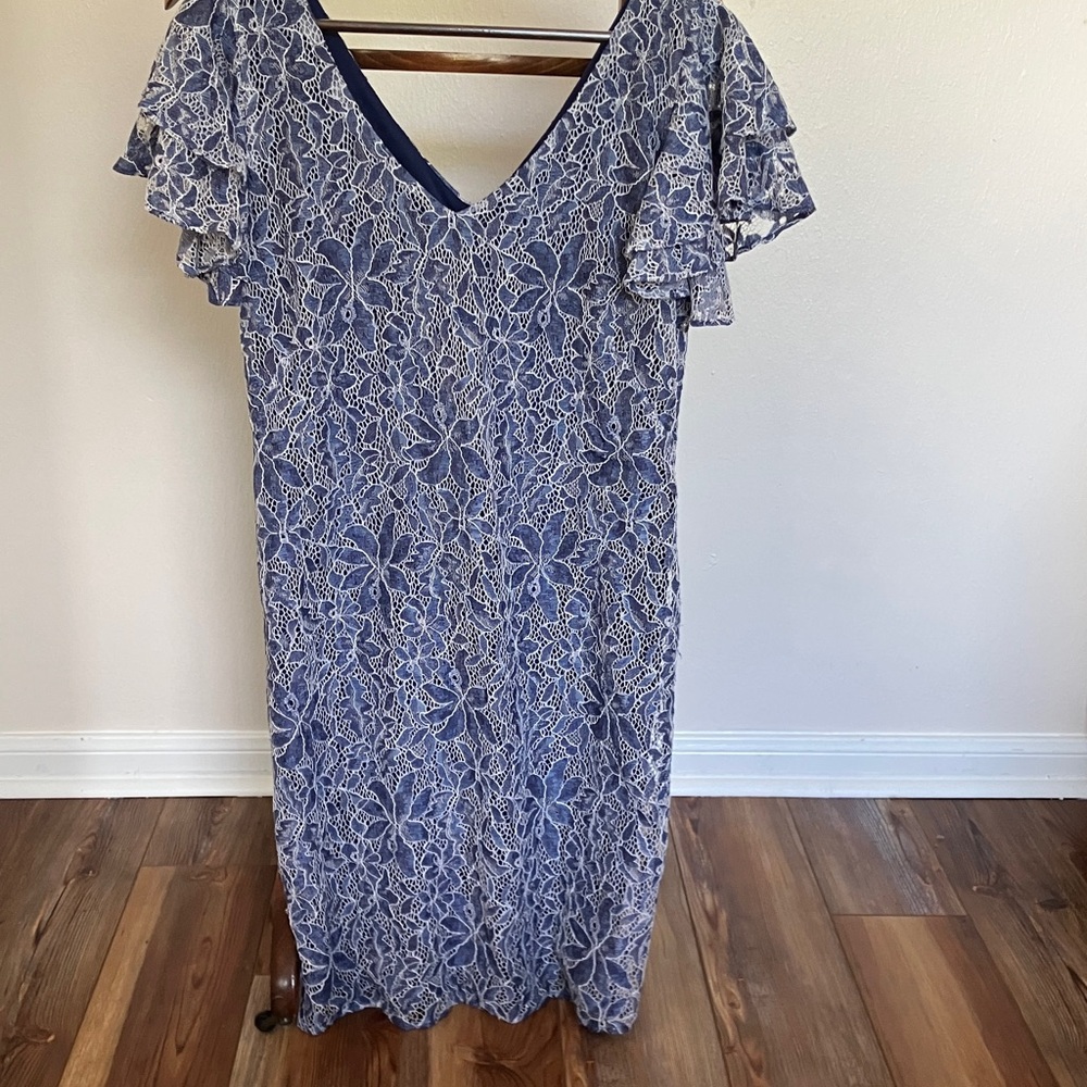 New York Clothing Co. Chic Blue Floral Lace Midi Dress